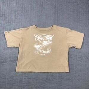 Corvette T Shirt Women Medium Tan Cropped Distressed Graphic GM Chevrolet